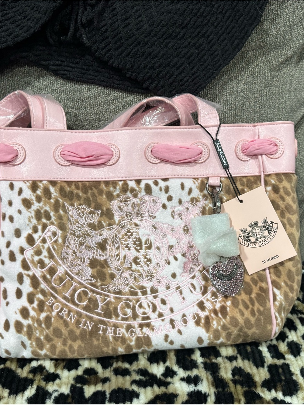 Juicy Couture Pink & Leopard Print Tote with Embroidered Crest